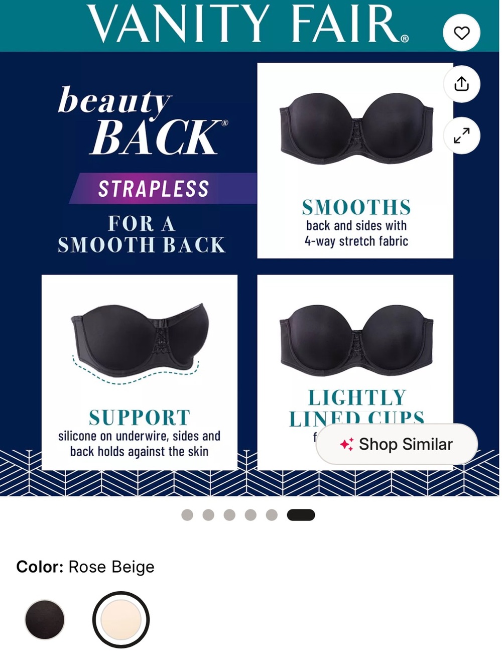 Vanity fair Strapless Smooth Back Bra - Rose Beige